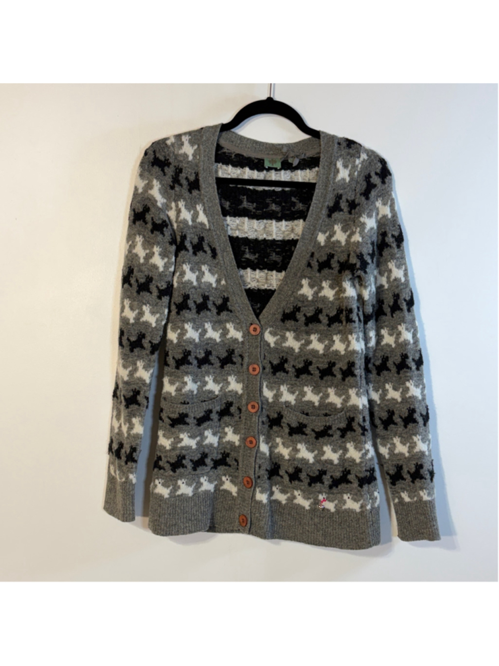 Anthropologie HWR Cardigan Sweater Women's Small Gray White Scottie Dog Wool